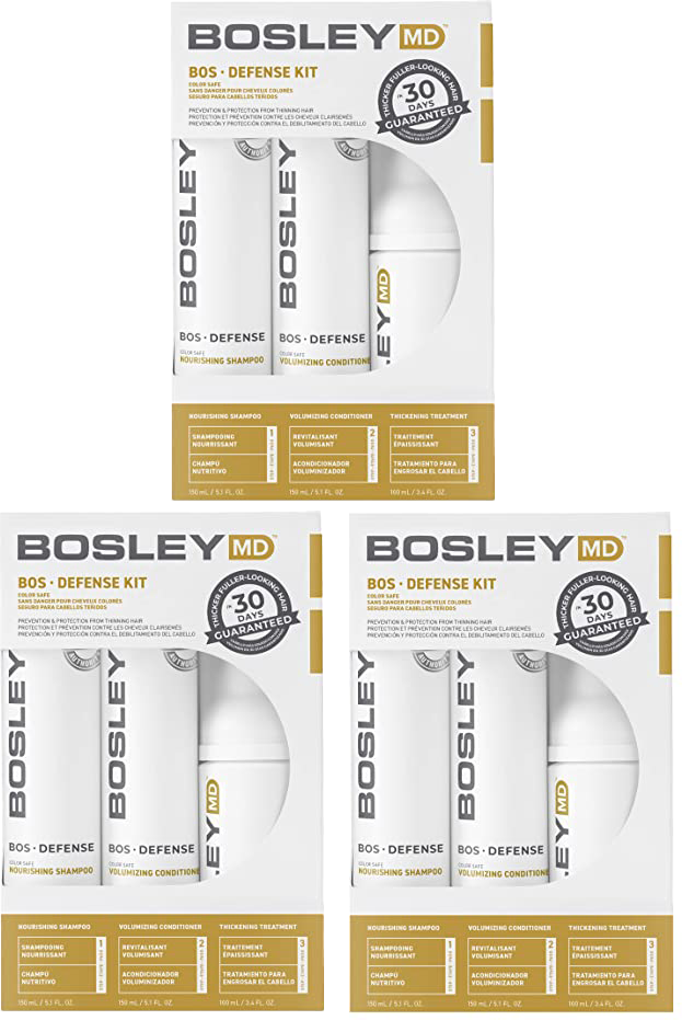 3 Pack Bosley MD Color Safe 30 Day Kit Defense Shampoo, Conditioner, Treatment