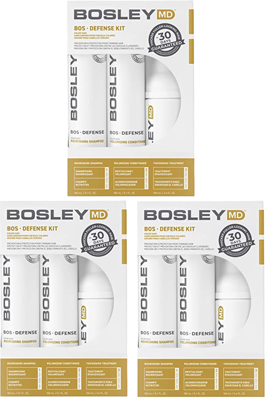 3 Pack Bosley MD Color Safe 30 Day Kit Defense Shampoo, Conditioner, Treatment